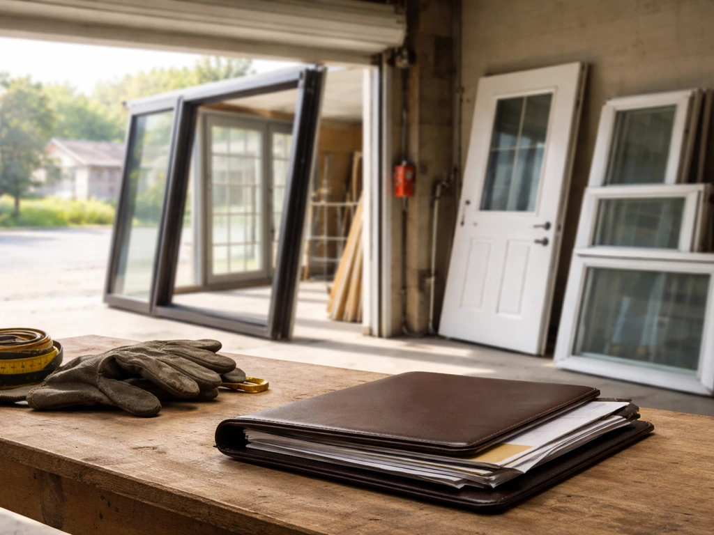 Minimal window-installation workshop with glass frames and a business portfolio, symbolizing a trade company net-worth c