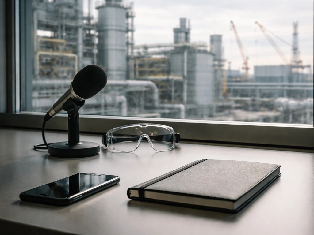 Minimal desk with phone and microphone, with modern industrial factory facilities in the background.