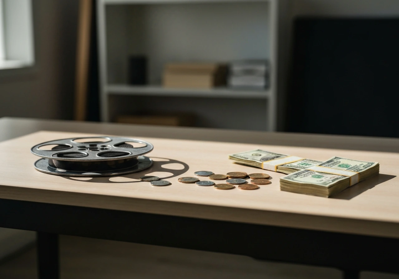 An office desk with film reel and scattered cash, symbolizing movie success and money origins.