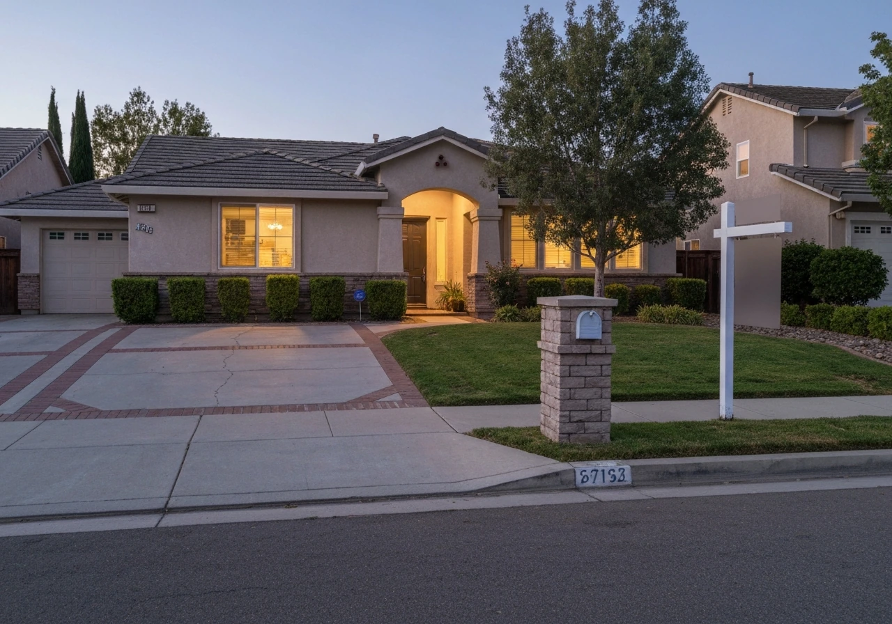 Suburban Westlake Village home exterior with driveway and landscaping in soft evening light.