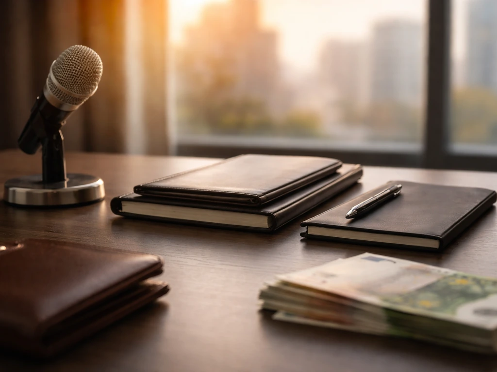 Minimal office desk scene with microphone and wallet, suggesting business and net worth analysis context