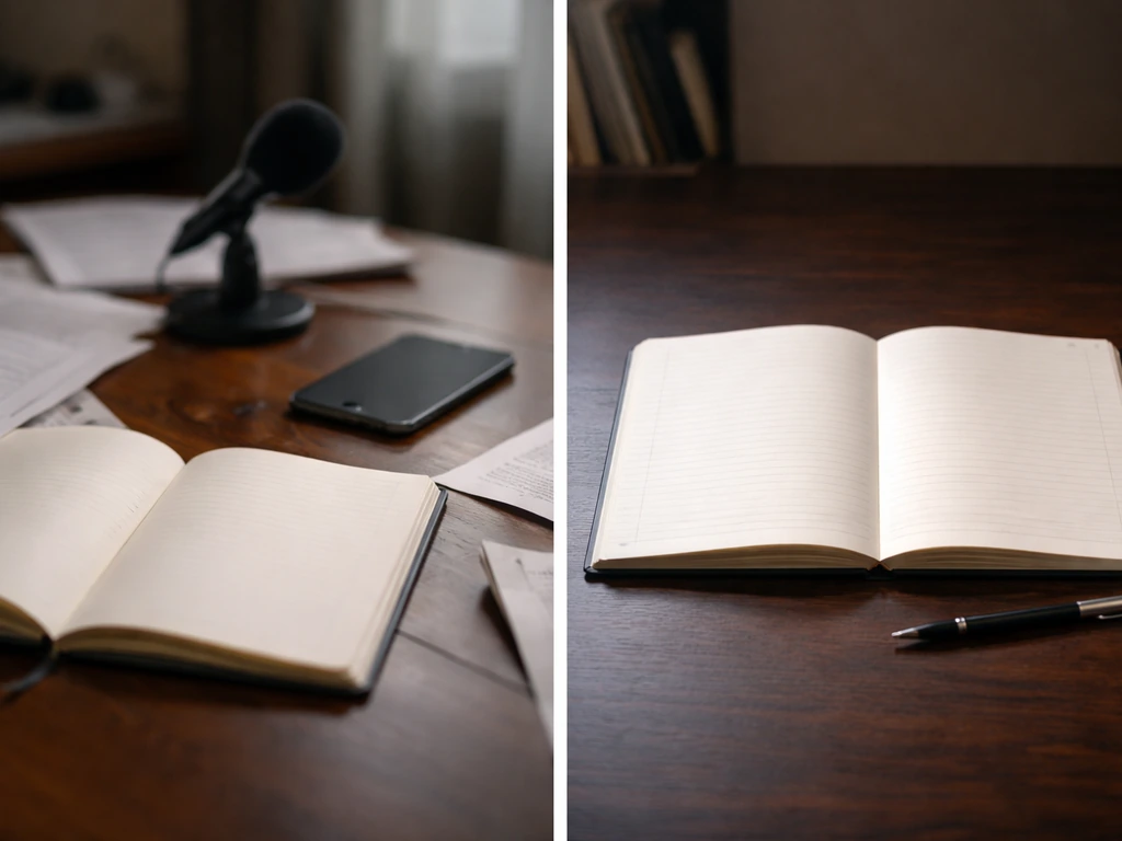 Split desk scene: scattered media papers on one side and a blank ledger on the other.