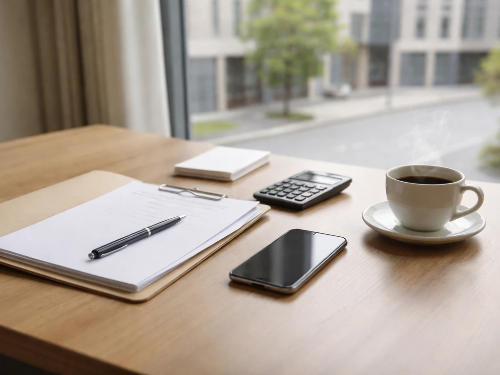 Minimal office scene with documents, a calculator, and a steaming coffee suggesting consulting income context.