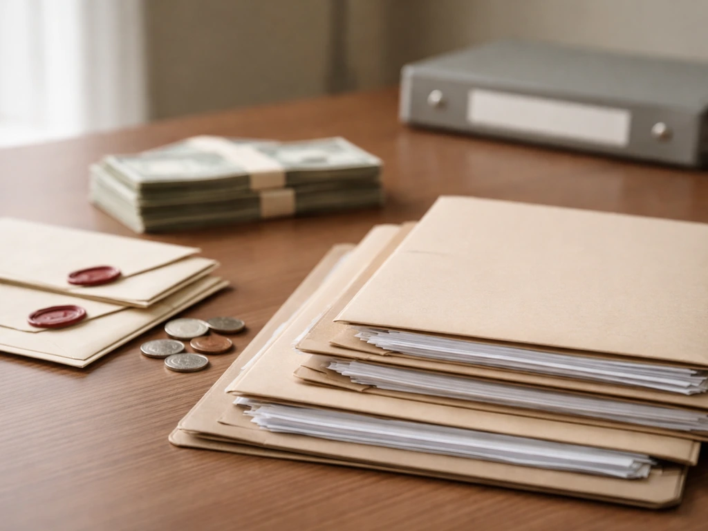 Mortgage/loan paperwork and coins on a desk contrasted with a small cash pile in soft focus.