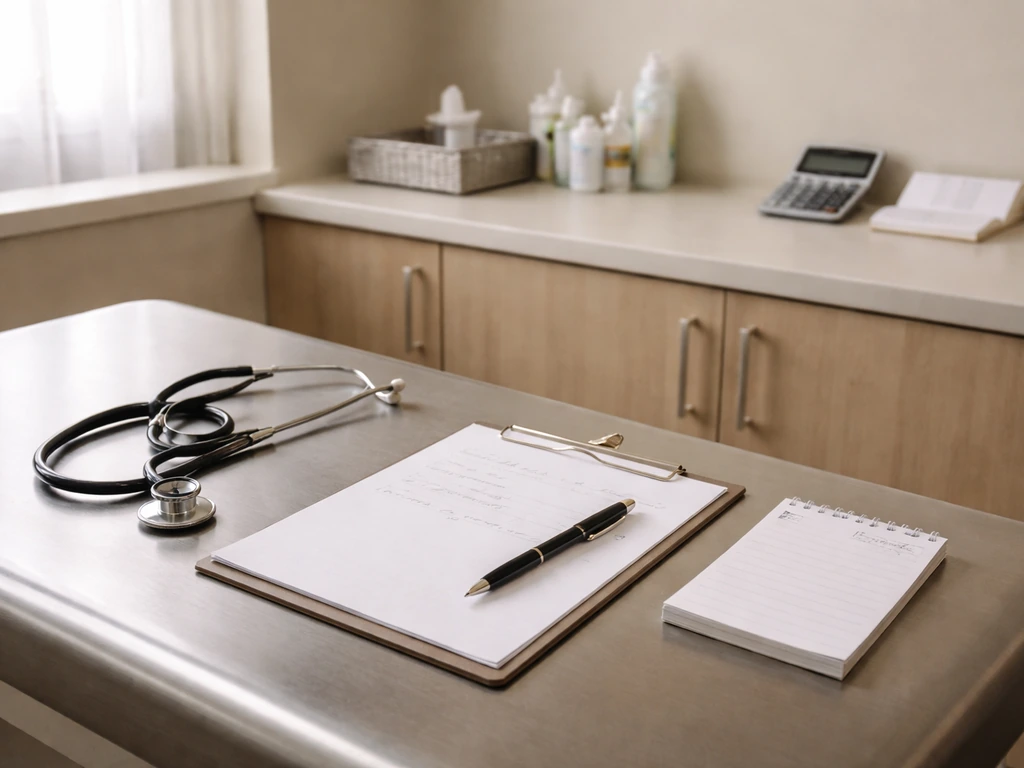 Minimal exam room scene with medical tools and blank handwritten notes showing private practice income drivers.