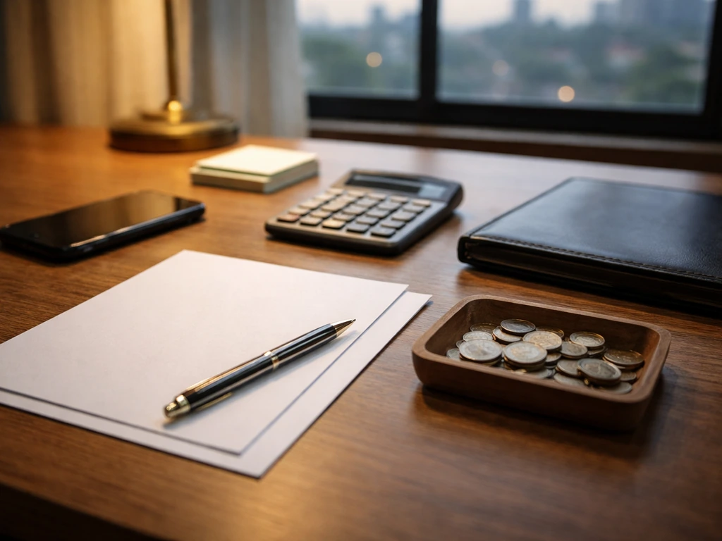 Minimal office desk with calculator and papers suggesting financial calculation steps and varying estimates