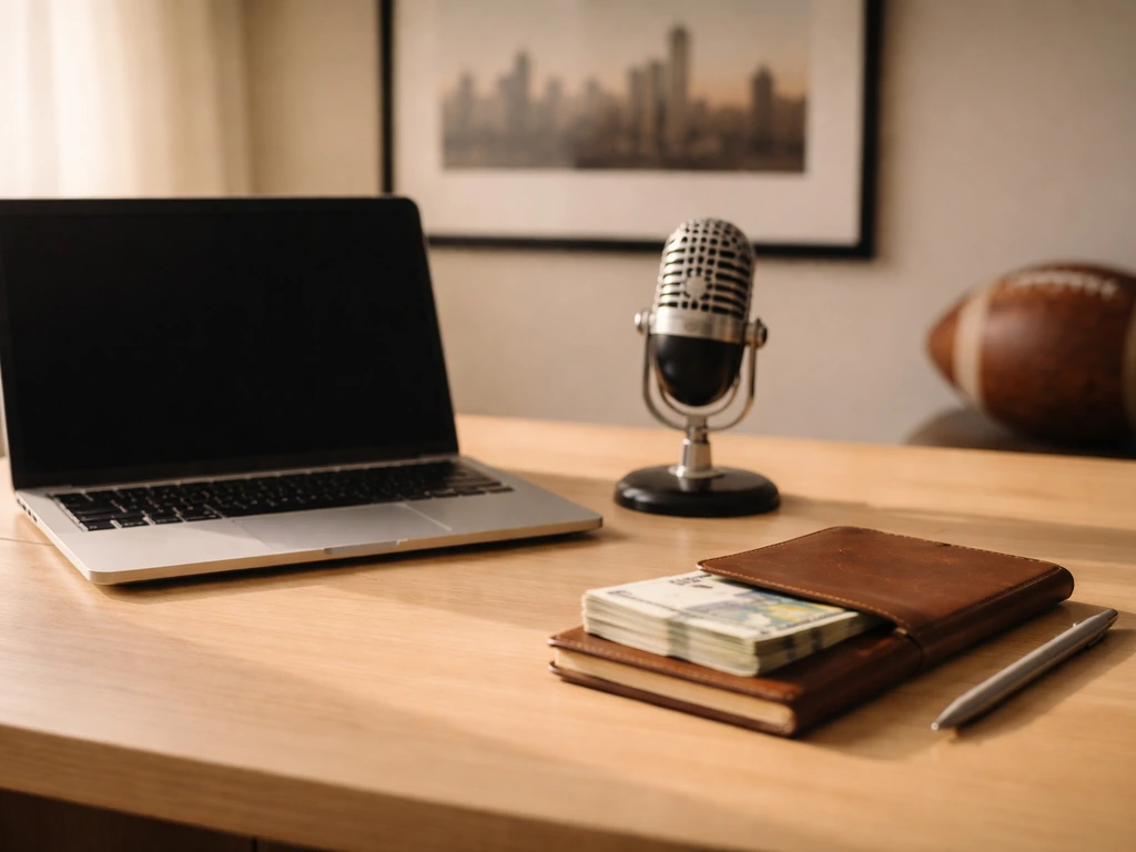 A quiet finance-themed desk scene with a microphone, laptop, and coffee cup suggesting public-profile analysis