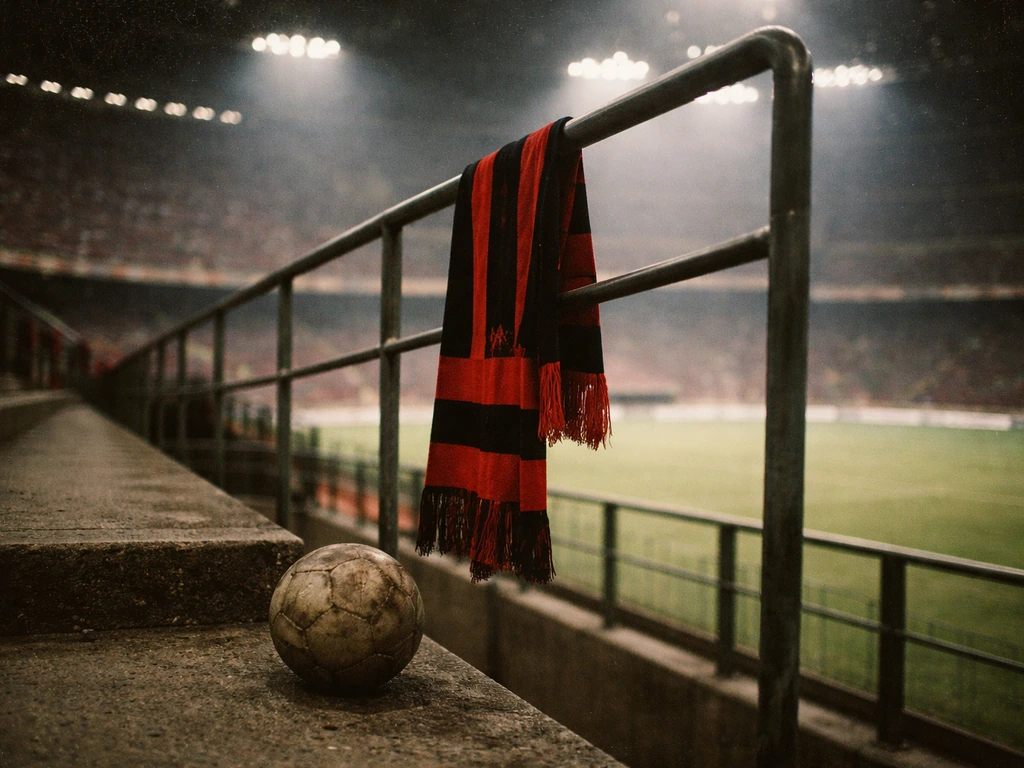 Grainy stadium match-day scene with a red-and-black scarf and football, symbolizing a Milan-era career.