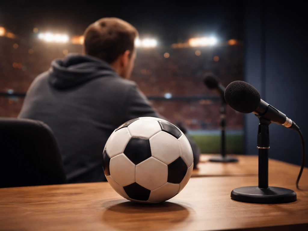 Football pundit desk setup with a football on the table, studio microphone, and dramatic evening lights.
