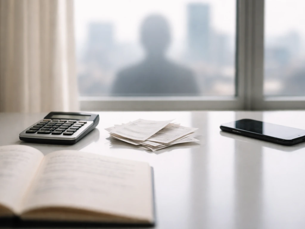 Minimal finance research desk with blurred papers, calculator, and city view symbolizing a net worth estimate.