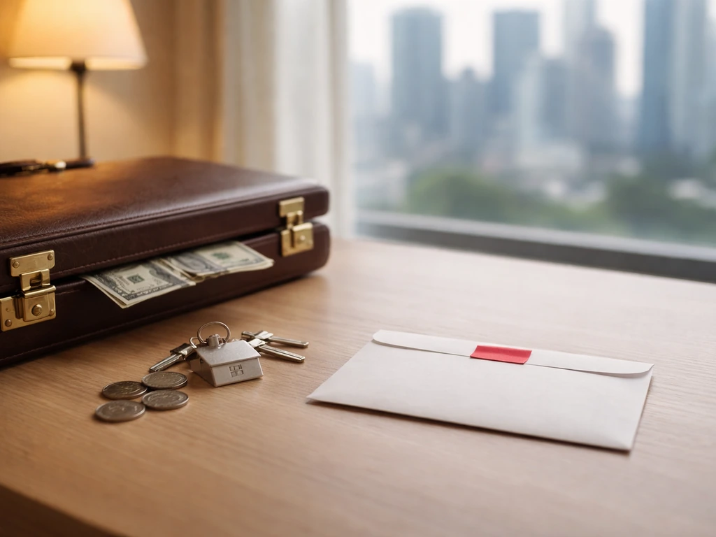 Minimal photo of an assets-minus-liabilities setup: briefcase, house keys, coin, and a simple loan-like red tag on desk