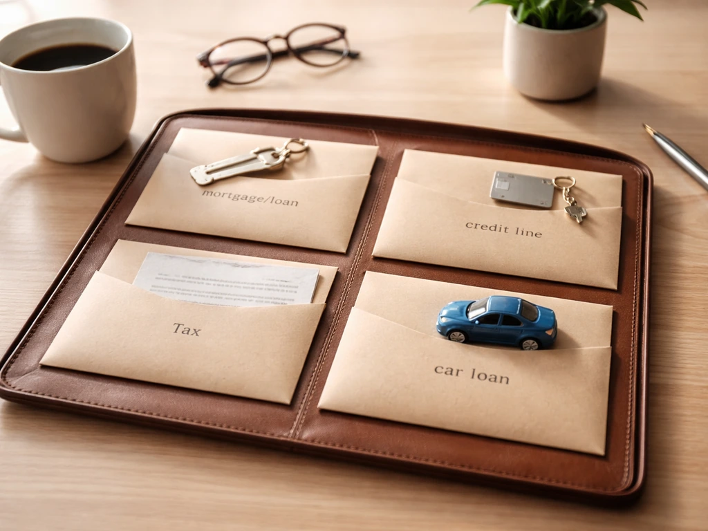 Minimal desk photo with unlabeled envelopes and small items symbolizing mortgage, credit, taxes, and loans