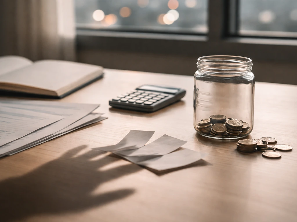 Minimal office desk with coins and financial papers, symbolizing debt, taxes, and shifting estimates.