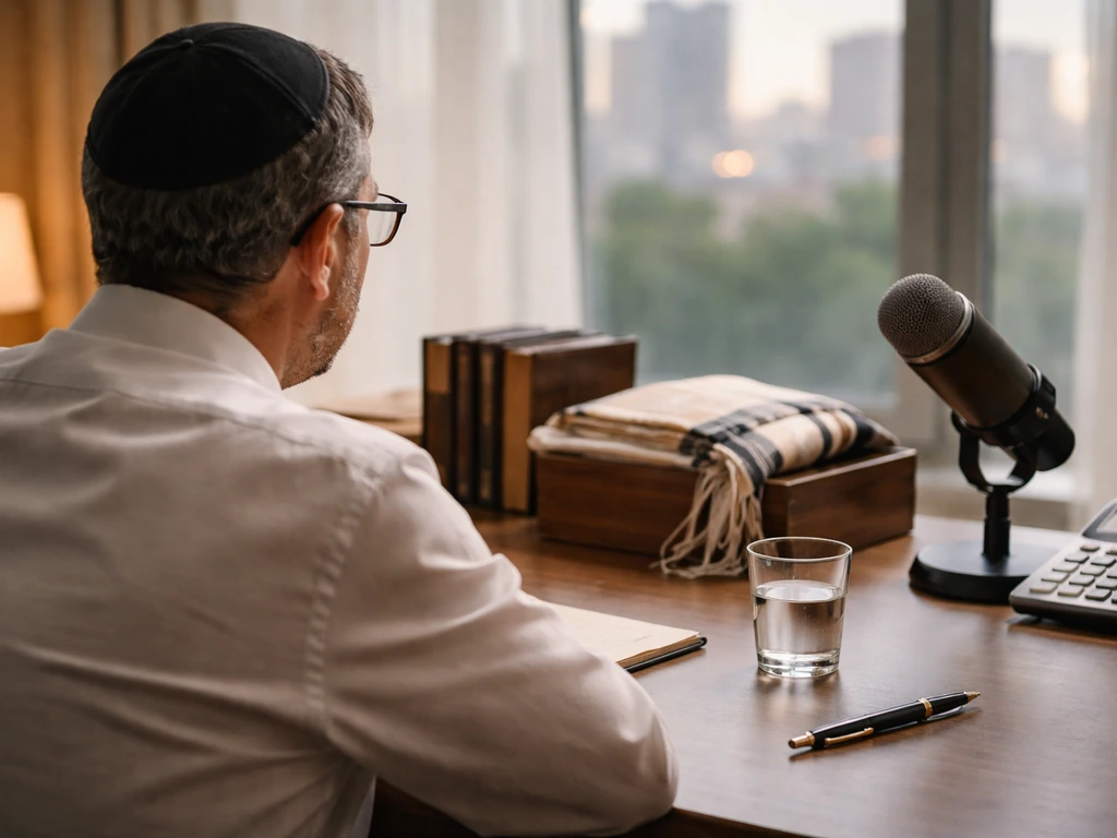 Anonymous rabbi-like figure working at a desk with books, a microphone, and wealth-analysis ambiance