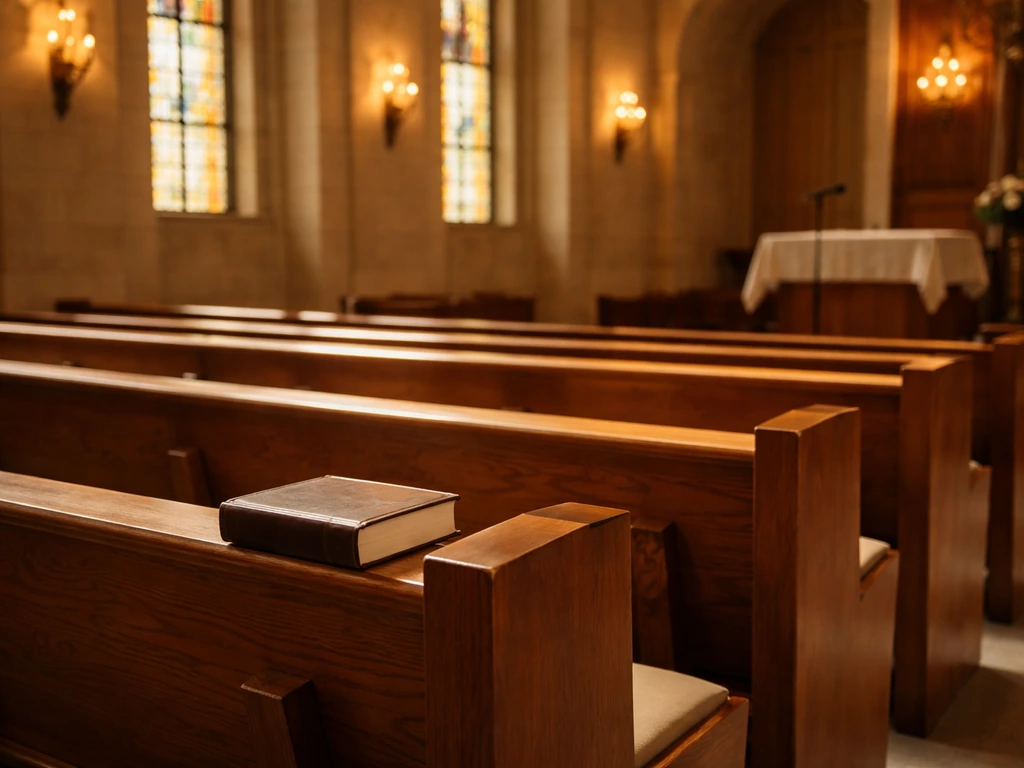 Reform synagogue interior with warm light and a subtle symbolic hint of wealth inquiry