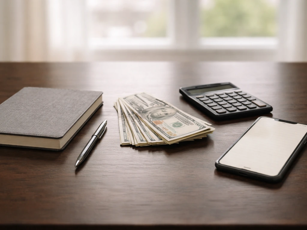 Minimal desk scene with a calculator, cash, and a smartphone showing anonymous finance notes, suggesting net worth range
