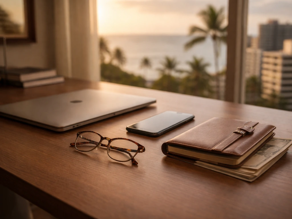 Minimal desk scene with laptop, phone, glasses, and cash near a window city-and-ocean view.
