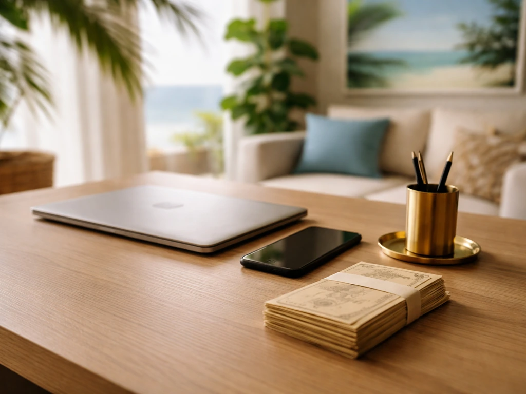 Minimal office scene with laptop and a stack of cash-like envelopes, suggesting business wealth research.