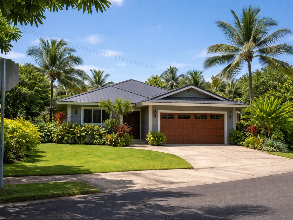 Sunny exterior of a tropical Haleiwa home with lush greenery and a quiet driveway, no people.