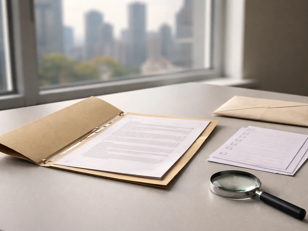 Close-up of an open folder of official papers beside a sealed envelope, suggesting lack of public records
