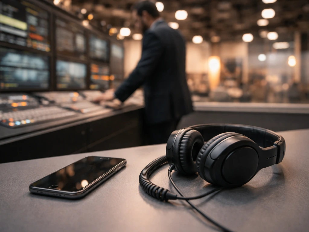 Anonymous TV studio control-room scene with broadcast headphones and smartphone on a desk.