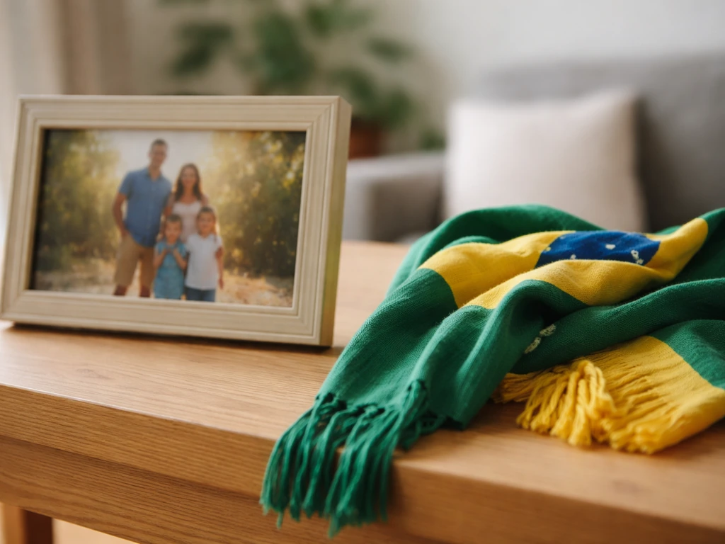 Minimal scene with a family photo frame and a draped Brazilian green-and-yellow scarf on a wooden table.