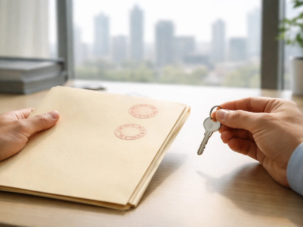 Close-up of hands holding a folder and key over a minimalist desk with a blurred city skyline backdrop.