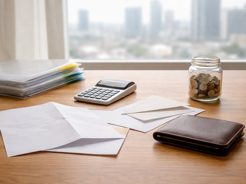 Minimal desk with wallet, calculator, folders, and coins suggesting transparent net worth estimation uncertainty.