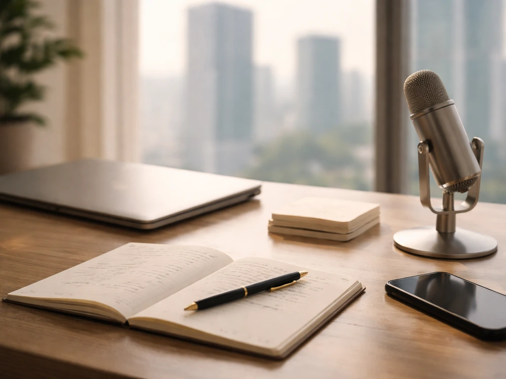 Minimal finance office desk with laptop, phone, microphone, and blurred city towers for an investing theme.