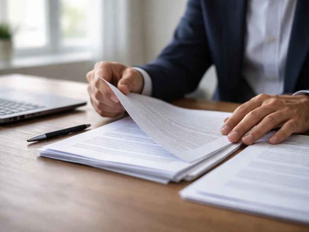 Close-up of an anonymous professional reviewing investment documents with a laptop in a quiet office