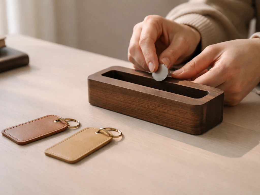 Hands placing a small polished metal token into a slot beside two simple empty key tags on a desk