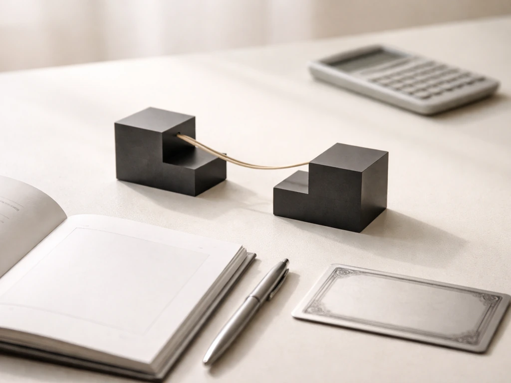 Open annual report on a desk with blank excerpt page and minimal wealth-bridge objects nearby.