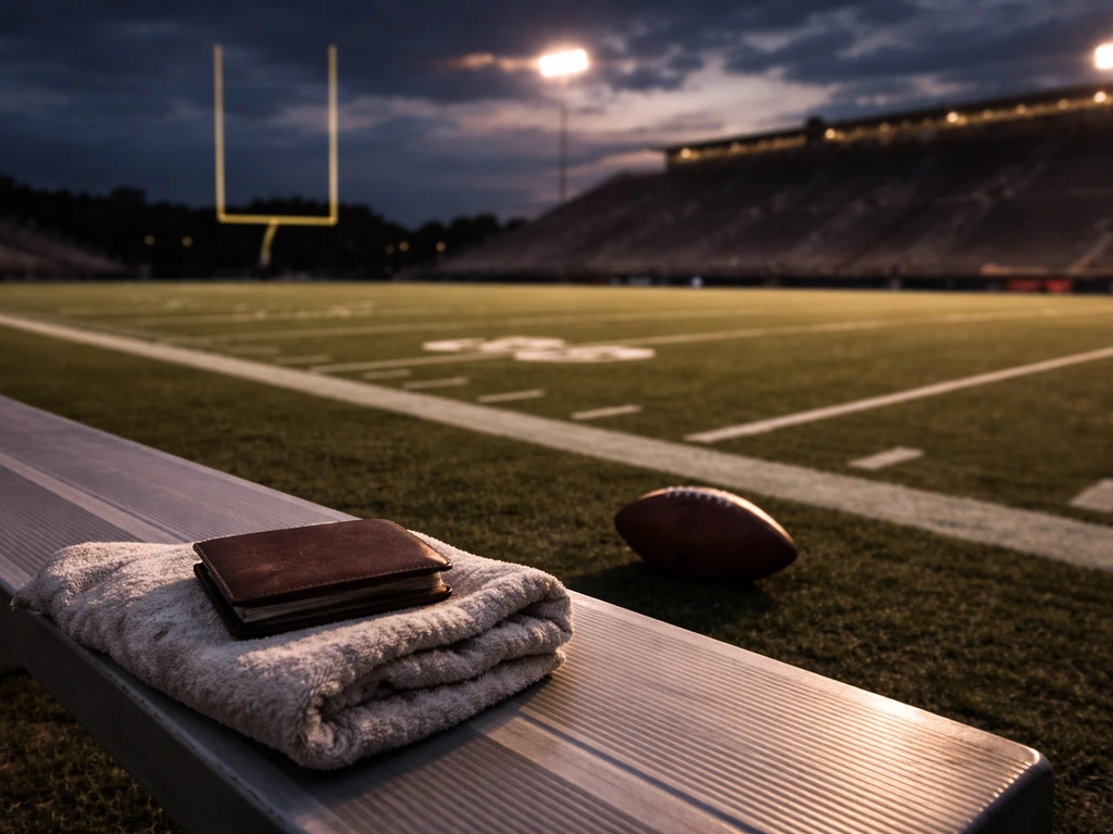 Empty NFL field goal posts at dusk with subtle financial-campaign vibe, symbolizing a placekicker’s money story