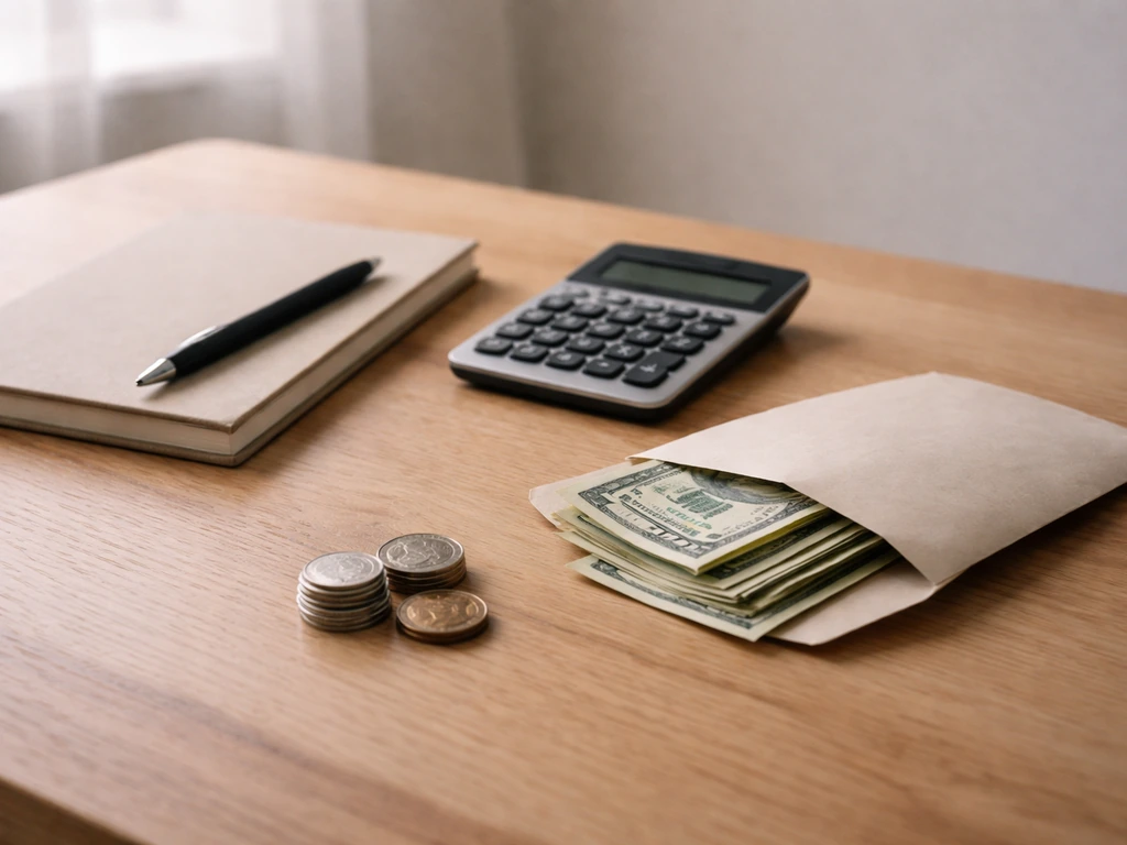 Minimal finance desk scene with calculator, cash envelope, and notebook suggesting a transparent net worth calculation.