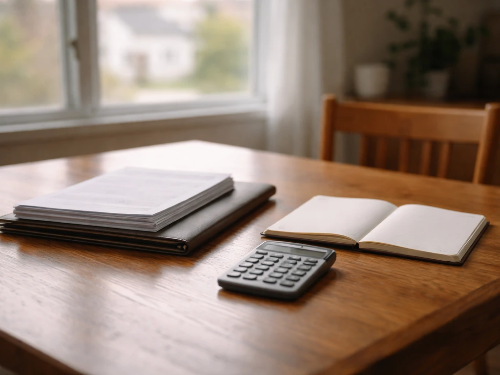 Sunlit table with mortgage statements and a calculator beside home asset paperwork, symbolizing debt and real estate.