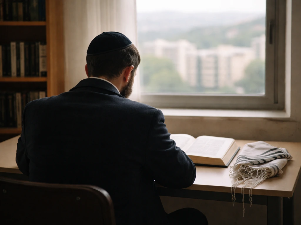 Torah learning scene in Ramat Beit Shemesh: an adult man at a desk with an open book, calm and reverent.