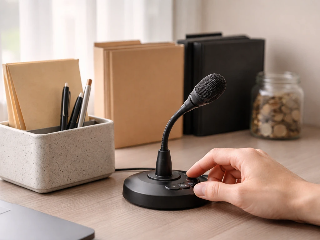 Minimal office desk with microphone and envelopes suggesting organizational pay, media speaking, and donations.