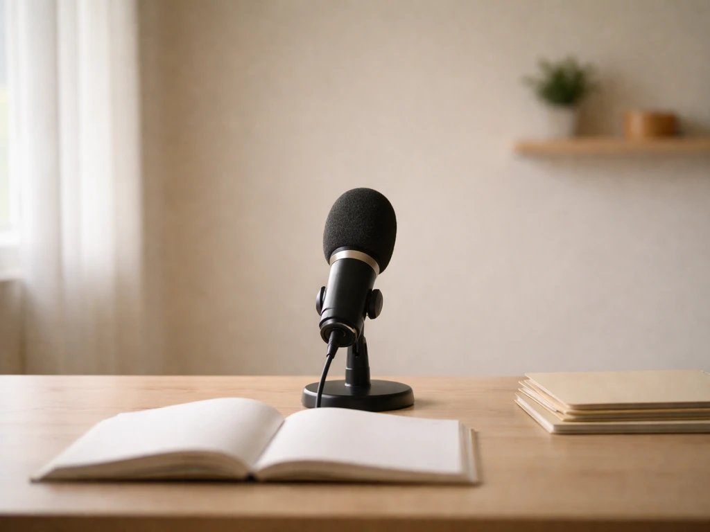 Unoccupied lecture studio with a microphone and open book on a simple study table, natural light.