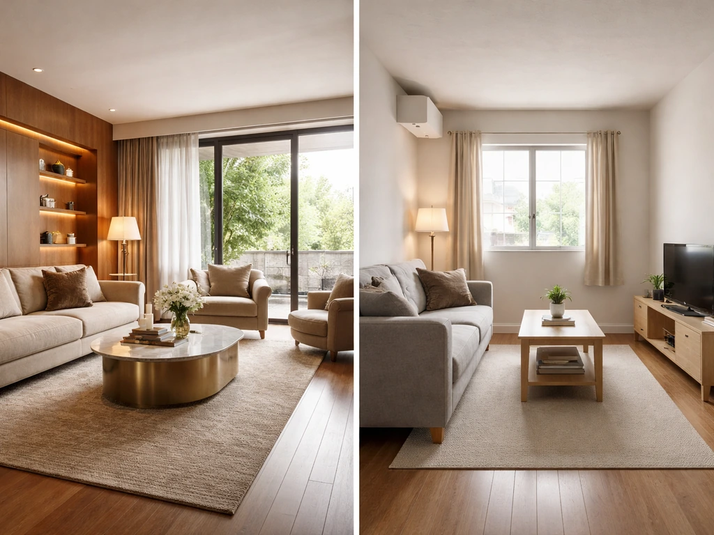 Split scene showing an ornate house interior versus a simple apartment living space, implying major lifestyle shift.
