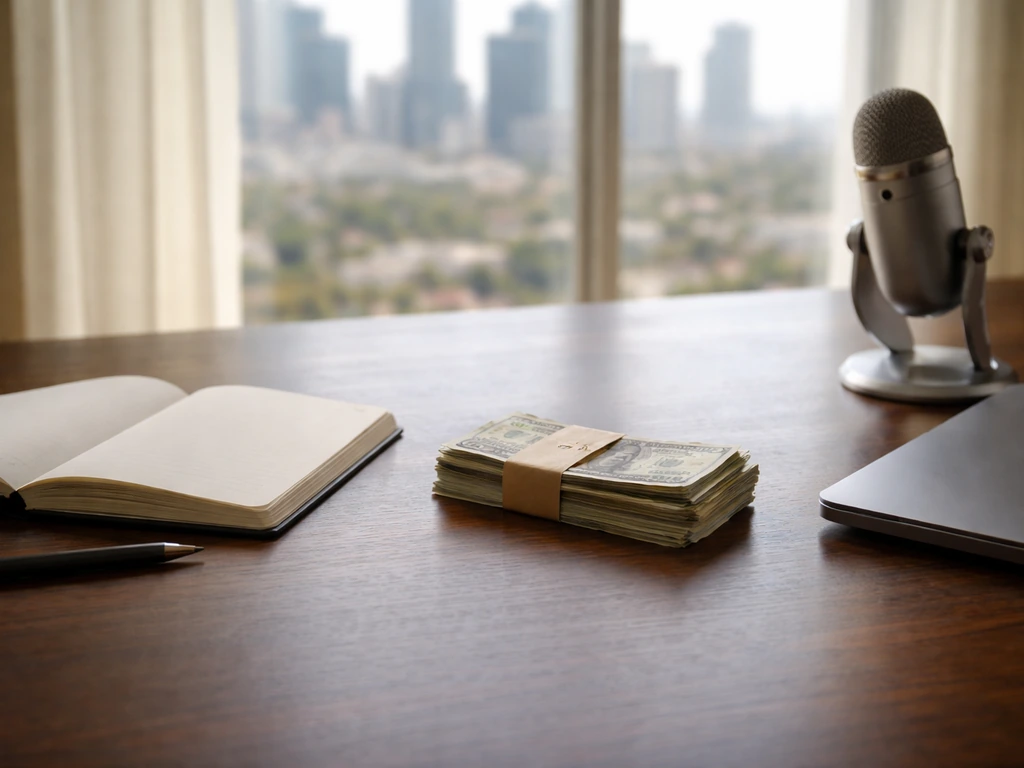 Minimal desk scene with money and finance gear, light gradient suggesting a left-to-right net worth range.
