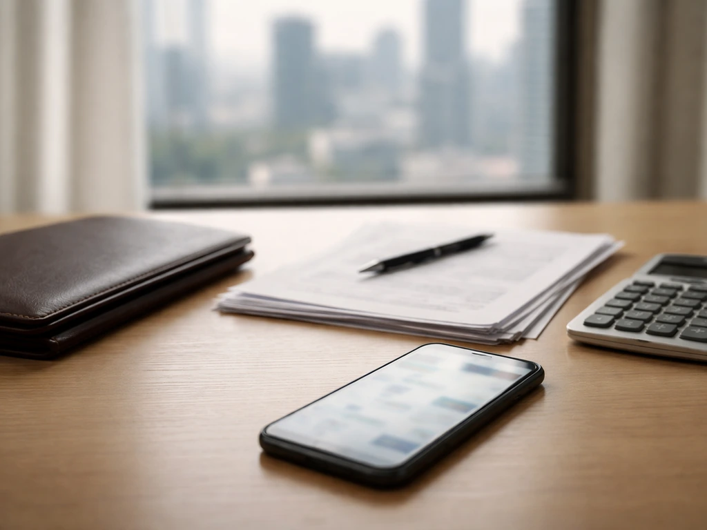 Desk with blurred financial documents and a phone, suggesting anonymous net-worth estimation.