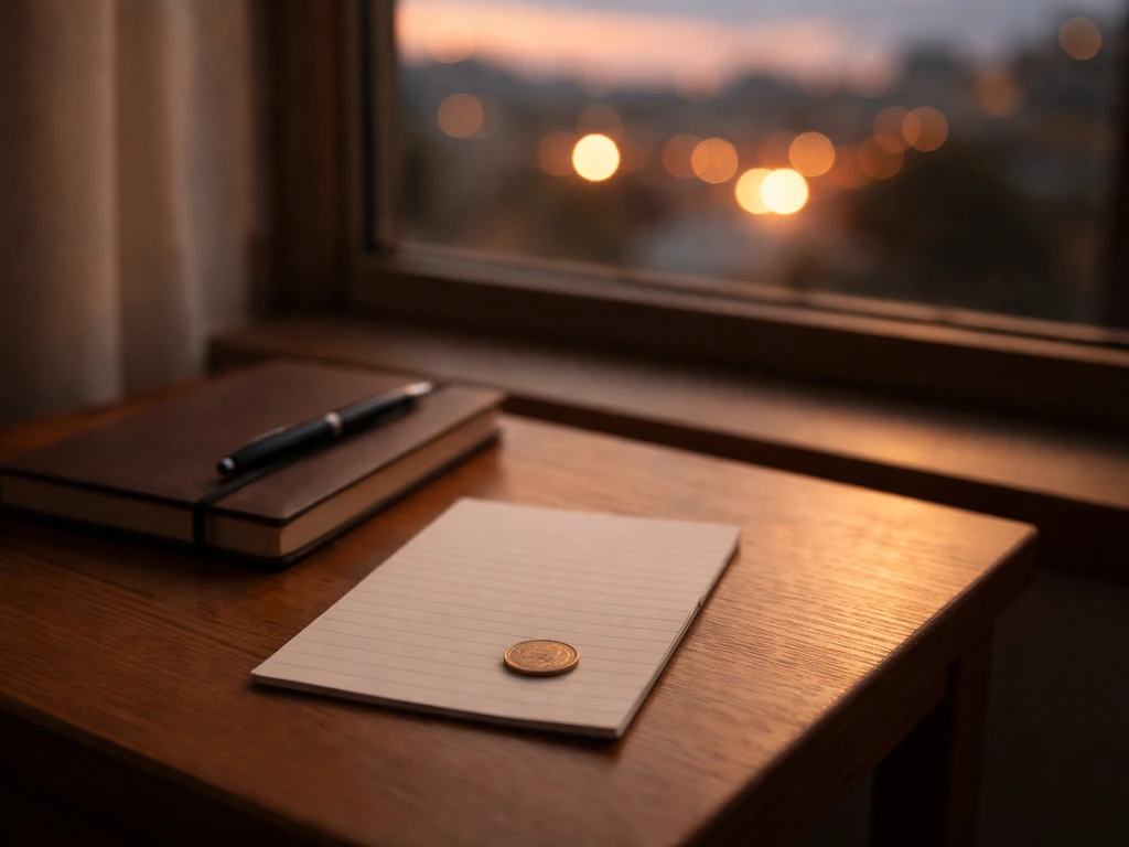Minimal desk scene with a coin and a notebook beside a softly lit city window, symbolizing uncertain net worth range