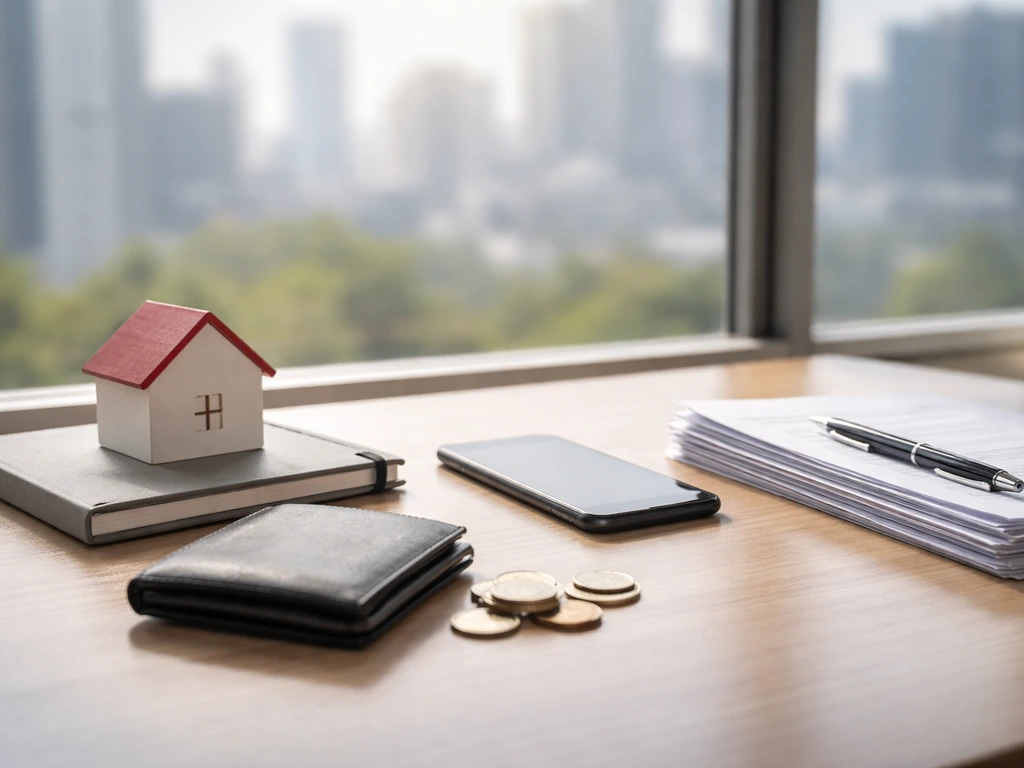 Minimal desk scene with house model, coins, documents, and a city view symbolizing common wealth drivers