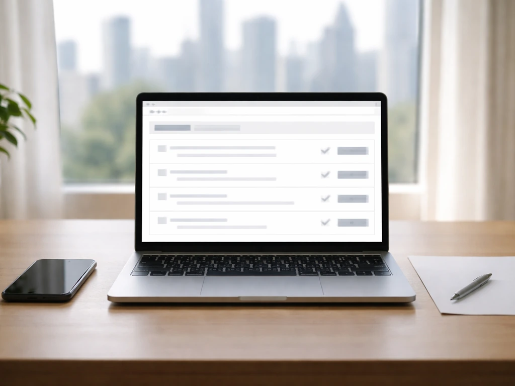 Minimal desk scene with laptop showing a generic verification search interface, plus phone and blank paper.