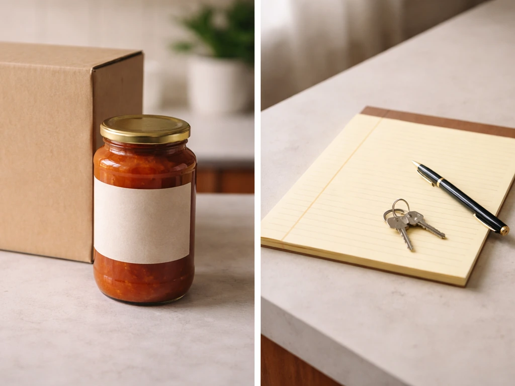 Minimal desk and pantry items arranged to symbolize “Dr. Oetker” as brand vs individual context.