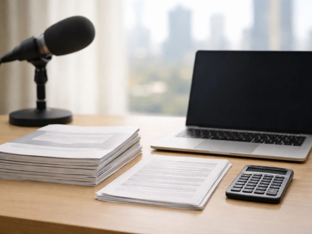 Minimal photo of a business desk with documents, a calculator, and a blurred newsroom mic in the background
