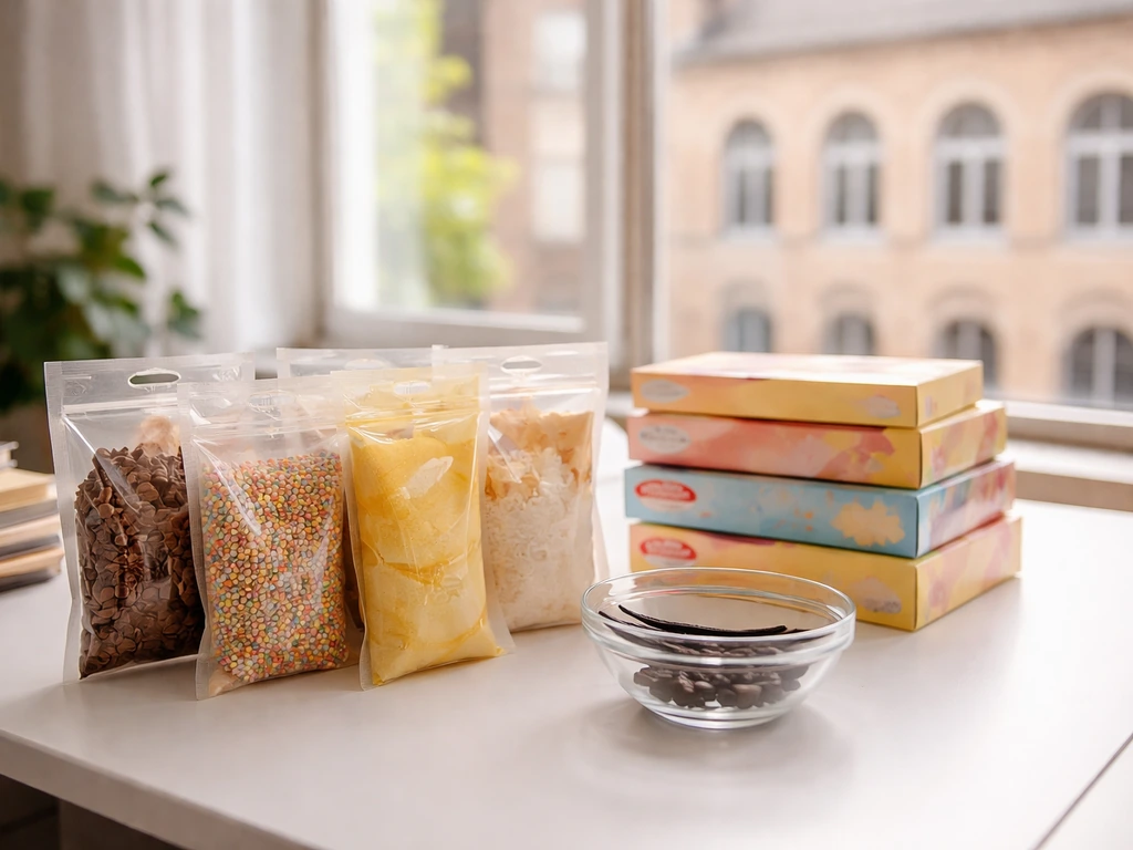 Minimal desk still life with Dr. Oetker-style baking packages and a softly blurred historic brick building.