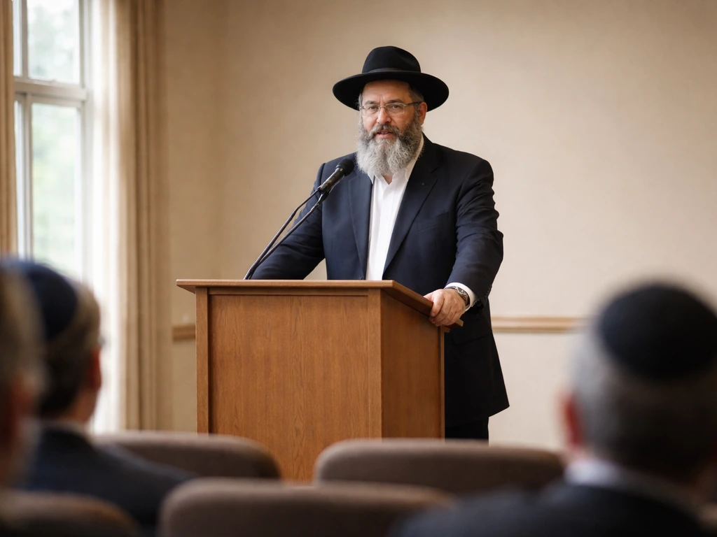 Orthodox Jewish rabbi speaking at a small podium in a quiet hall, audience rows softly blurred.