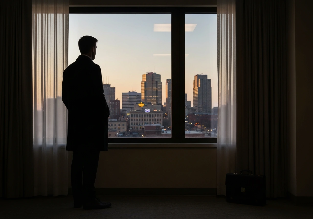 Minimal photo of a Canadian businessman’s silhouette by a Winnipeg skyline at dusk, symbolizing Leo Ledohowski’s roots.