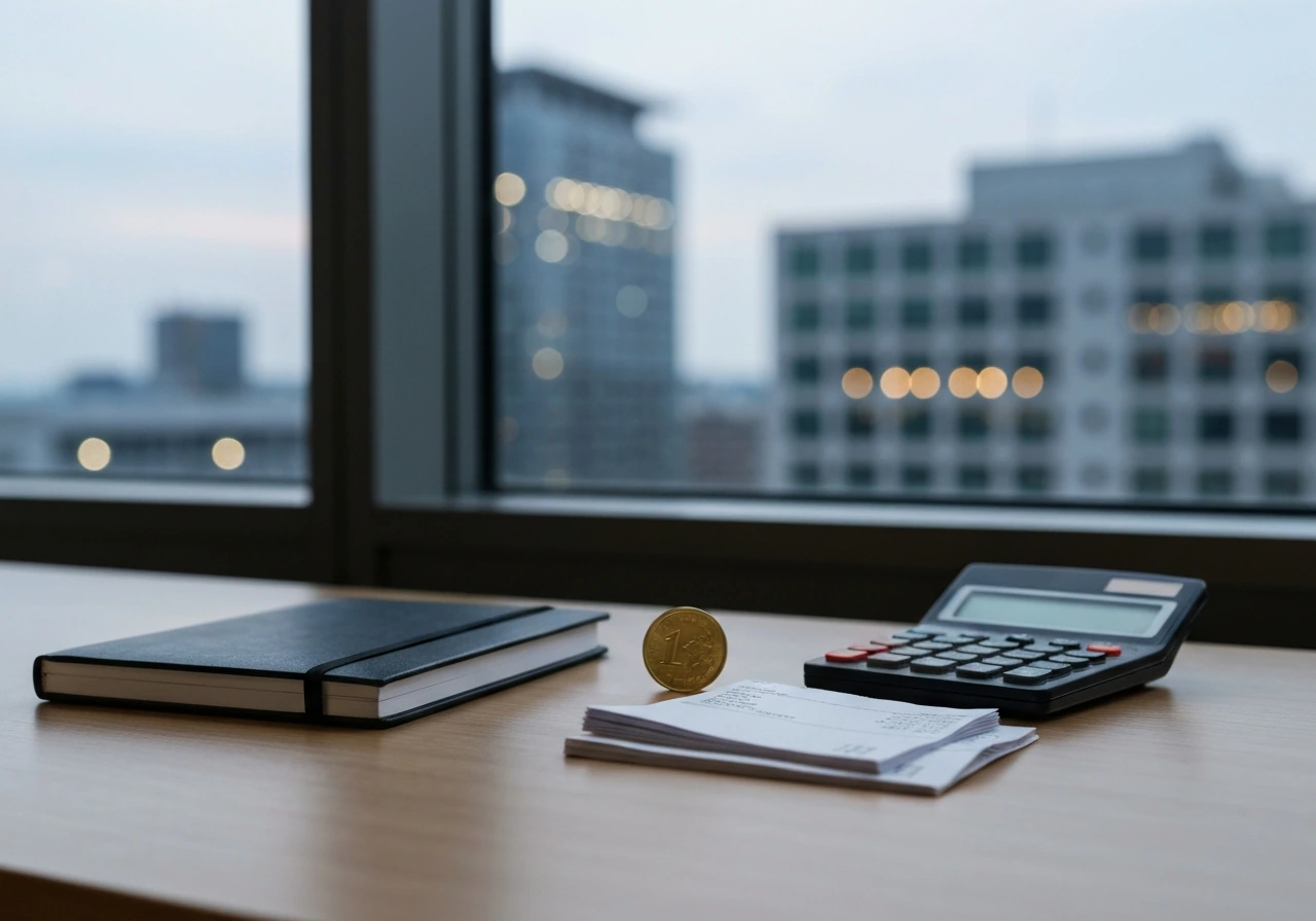 Calculator, notebook, gold coin, and blank receipts on a wooden desk by a window, city softly blurred